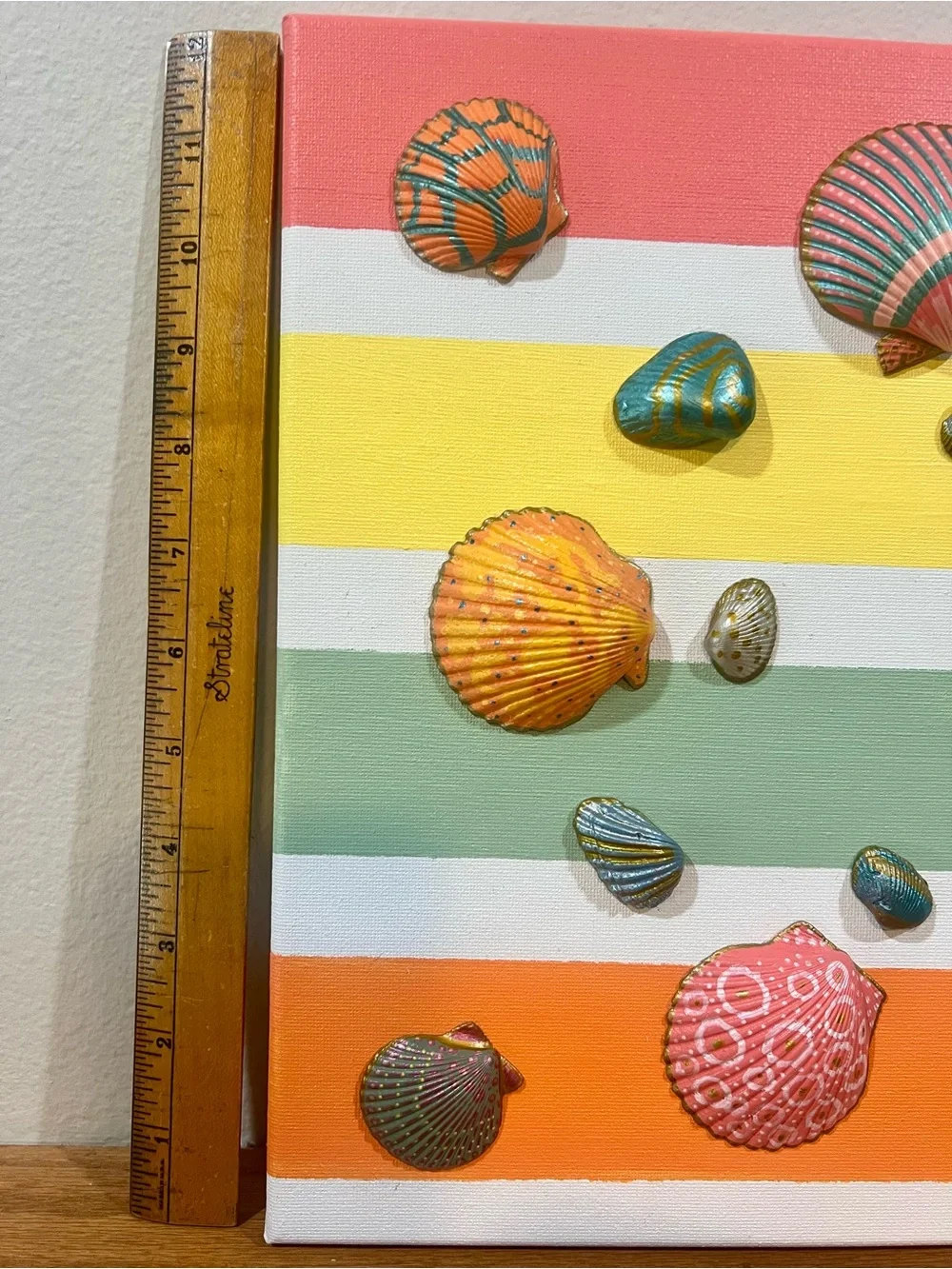 Seashell Wall Art Canvas in Green, Coral & Yellow - Coastal Stripe Decor